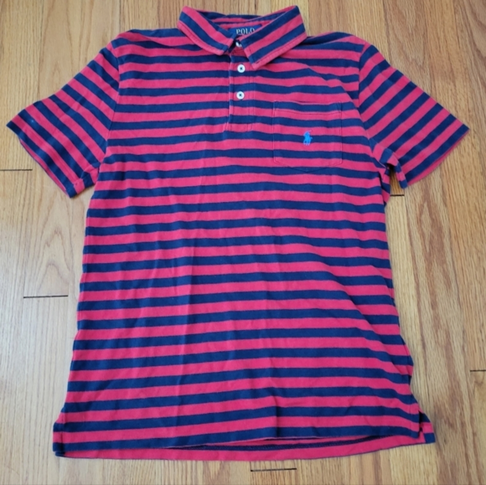 Polo Ralph‎ Lauren Boys Short Sleeve Striped Polo Shirt Size L (14-16) Navy Red